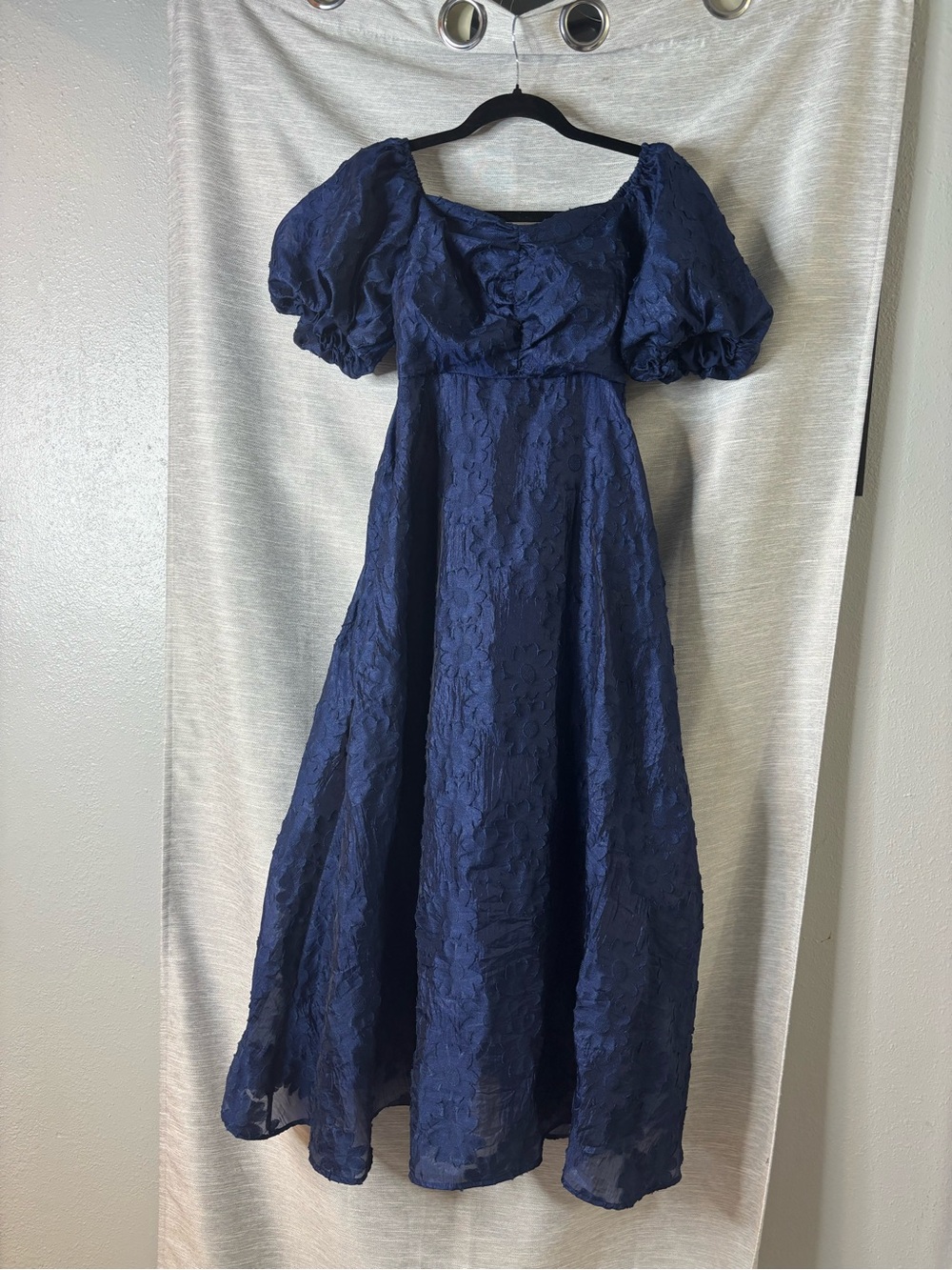 Puff Sleeve Lace Maxi Dress in Navy